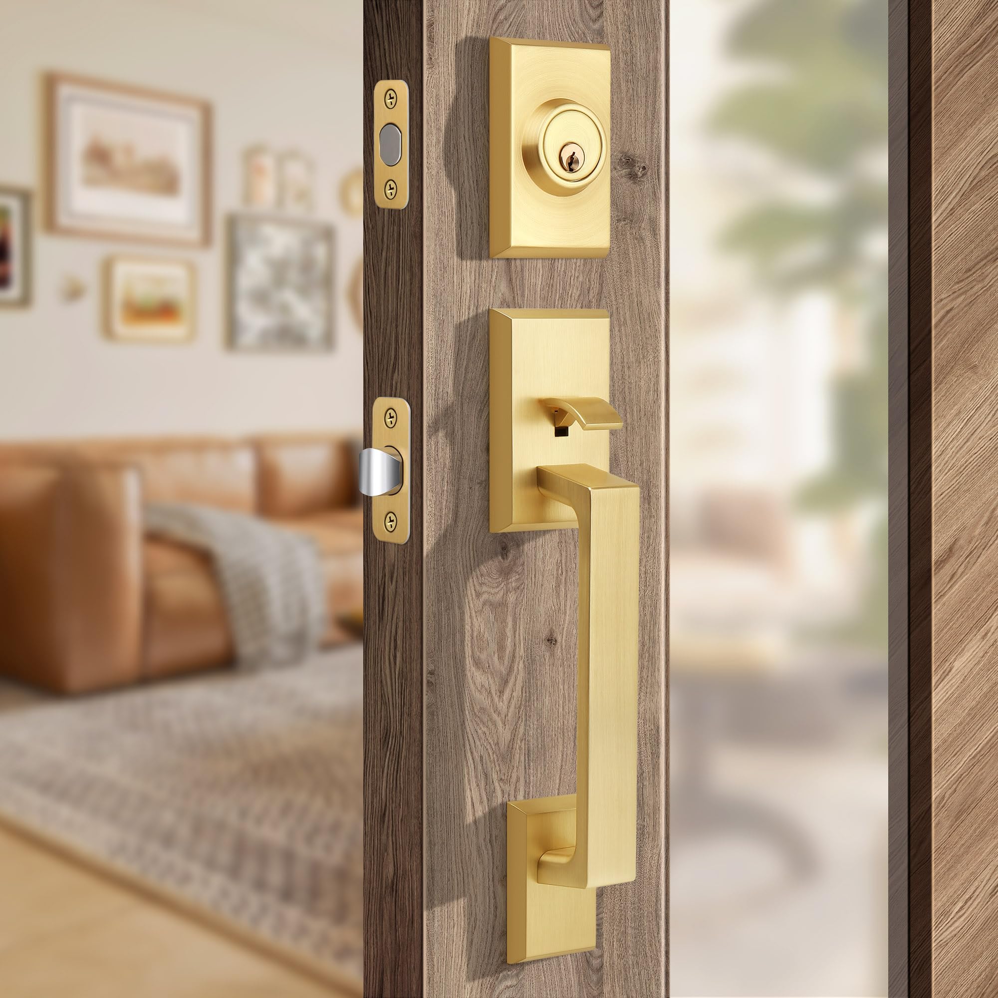 Moquin Brushed Gold Square Front Door Handle Set, Heavy Duty Entry